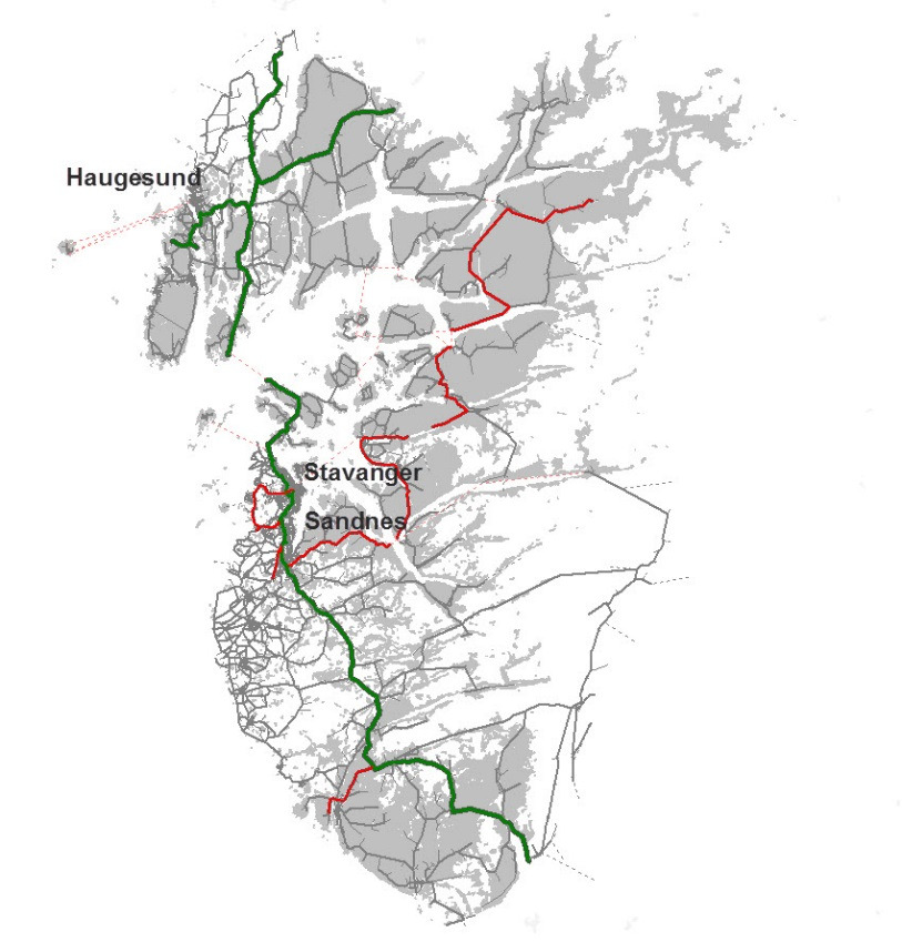 I denne analysen har vi valgt å benytte oss av delområdemodellen for Rogaland, omtalt som DOM Rogaland. Figur 2 viser modellområdets utstrekning.