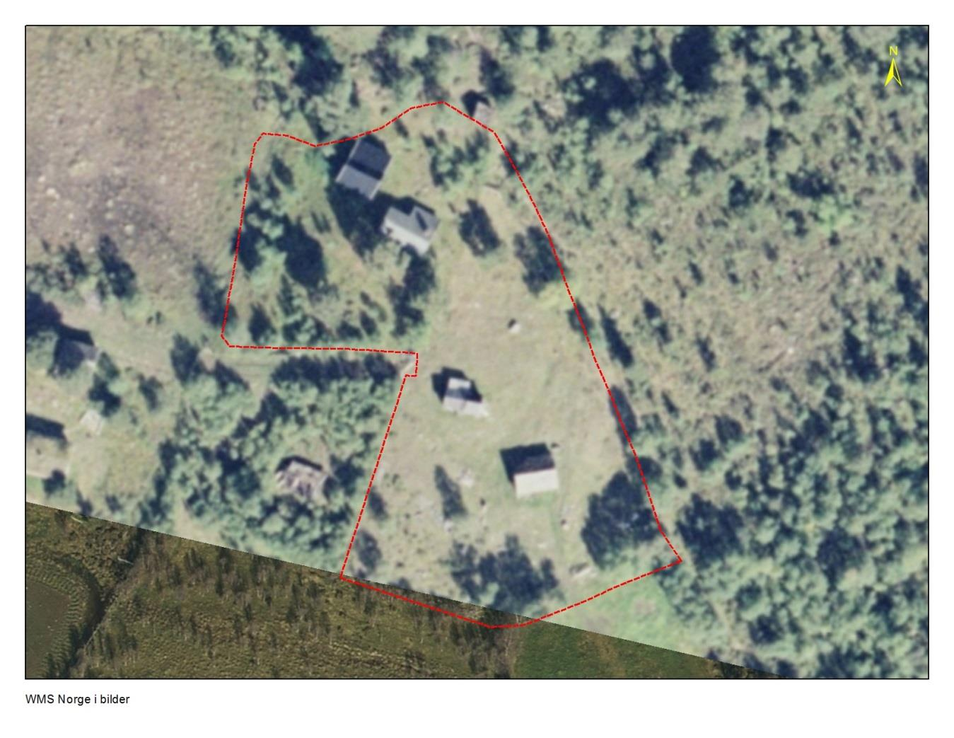 Nordorientert satelittfoto med avgrensing av kartlagt område på Nedre Reindøl (ID: BN00068616).