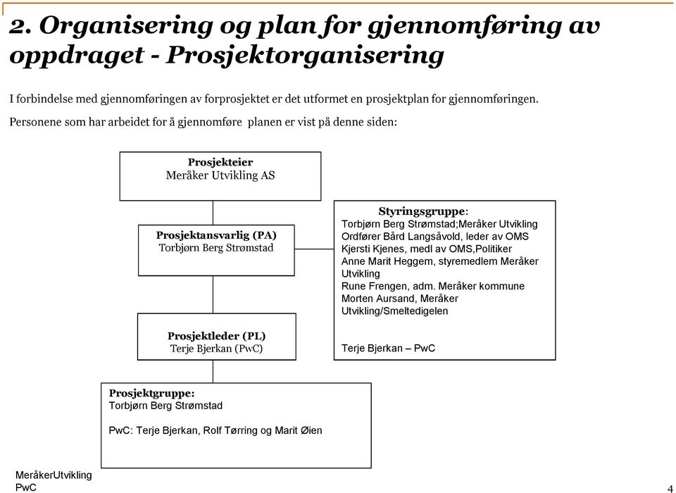 Bjerkan (PwC) Styringsgruppe: Torbjørn Berg Strømstad;Meråker Utvikling Ordfører Bård Langsåvold, leder av OMS Kjersti Kjenes, medl av OMS,Politiker Anne Marit Heggem, styremedlem Meråker