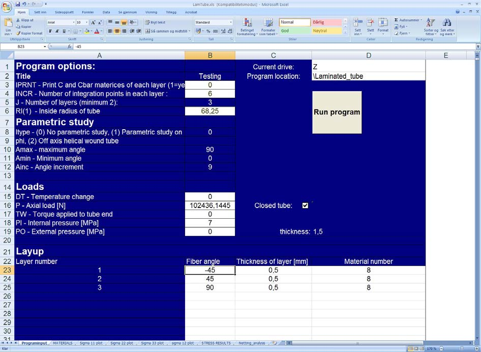 Laminated tube Figur 33, Laminated tube skjermbilde Laminated tube er et Excel-basert analyseverktøy utviklet i et tidligere prosjekt ved FFI. Verktøyet er basert på laminatteori.