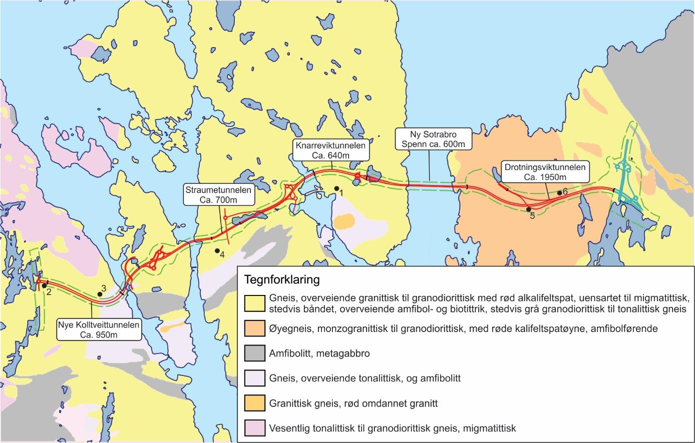 Figur 2: Forenklet berggrunnskart over området for Nye Sotrasambandet basert på berggrunnskart fra NGU.no, sammensatt av kartbladene 1115-IV (Johns m.