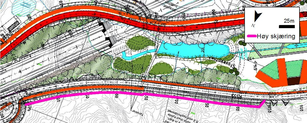 Kotehøyde (m) 5.2 SKJÆRING VED STOVEVATNET, VEGLINJE 25200, PEL 400-850 Ved Stovevatnet vil det bli en ny skjæring hvor høyden blir ca. 10-14 meter fra ca pel 490-570. Fra ca. pel ca.