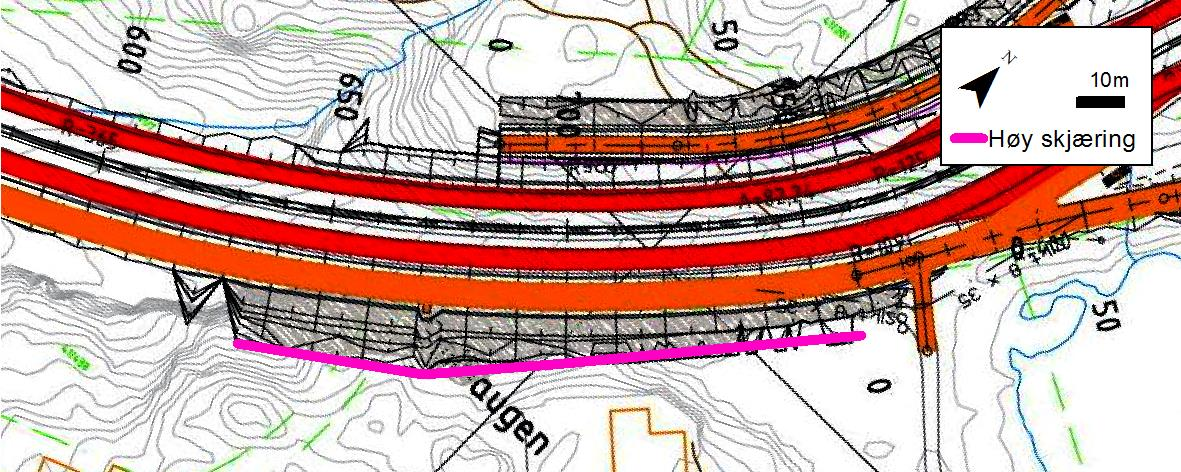 Kotehøyde (m) 5.4 SKJÆRING VED VATNET, VEGLINJE 25000, PEL 630-770 Sørvest for vatnet vil det bli en 15 m høy skjæring.