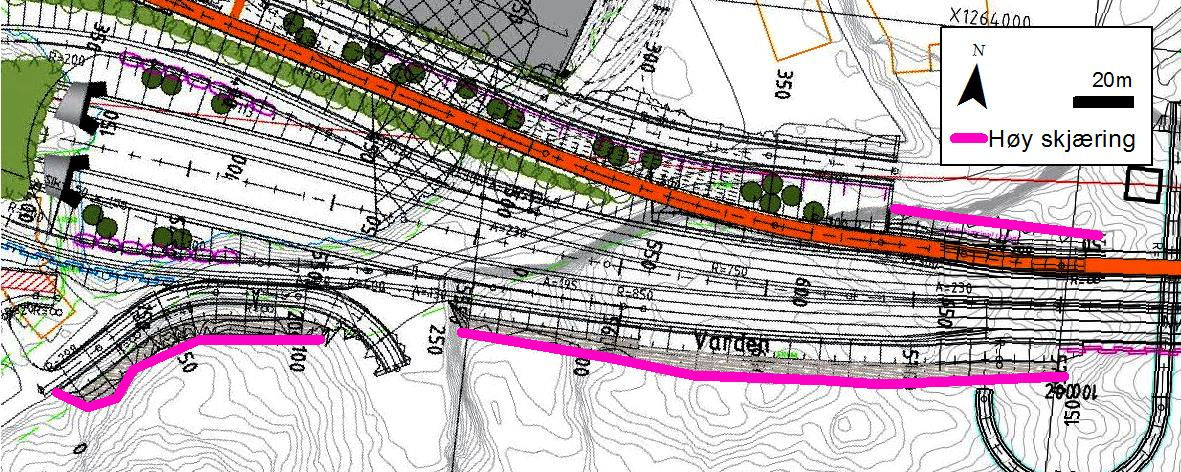 Kotehøyde (m) 5.5 SKJÆRING VED KNARREVIK, VEGLINJE 17100, PEL 250-470 Ved Knarrevik vil det bli en drøyt 20 m høy skjæring i en bergknaus på sørsiden av veien.