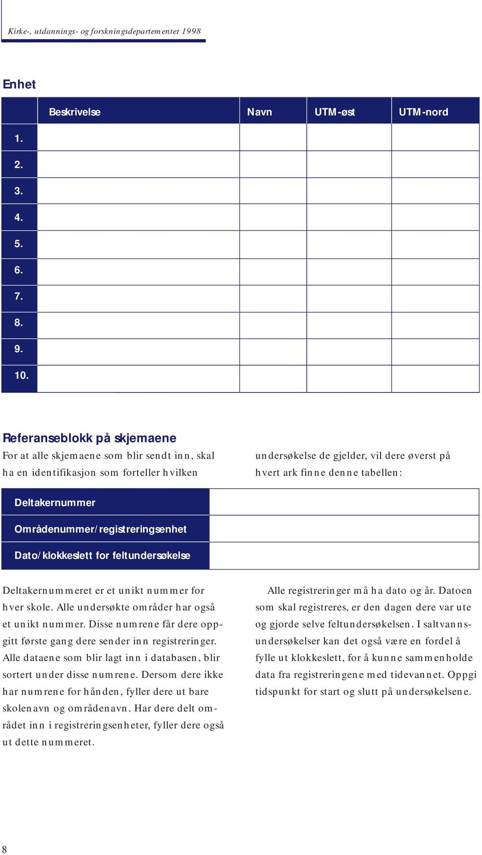 Deltakernummer Områdenummer/registreringsenhet Dato/klokkeslett for feltundersøkelse Deltakernummeret er et unikt nummer for hver skole. Alle undersøkte områder har også et unikt nummer.