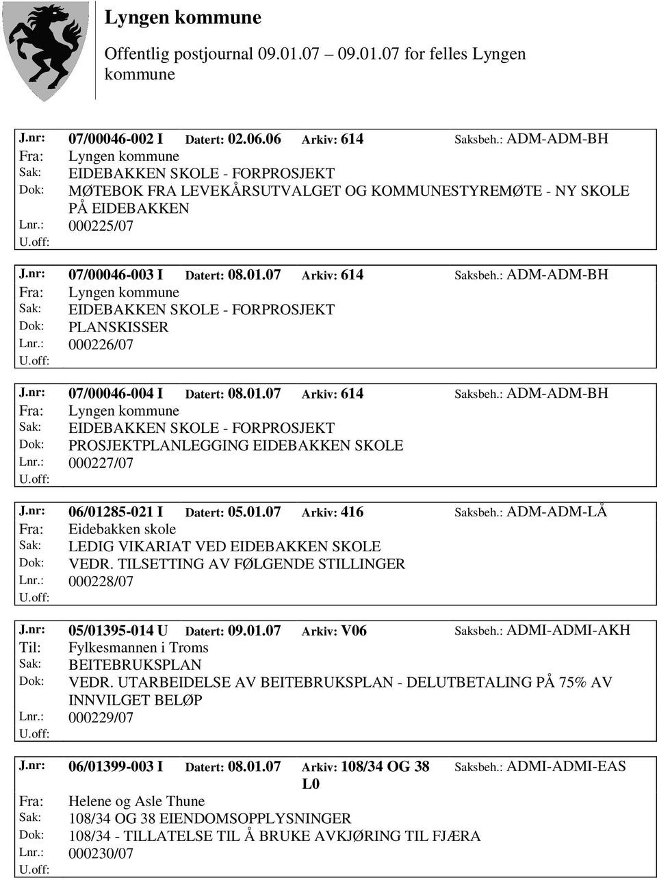 nr: 06/01285-021 I Datert: 05.01.07 Arkiv: 416 Saksbeh.: ADM-ADM-LÅ Fra: Eidebakken skole Sak: LEDIG VIKARIAT VED EIDEBAKKEN SKOLE Dok: VEDR. TILSETTING AV FØLGENDE STILLINGER Lnr.: 000228/07 J.