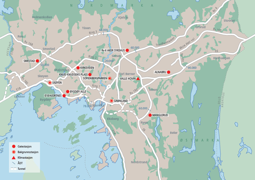 Nytt om målestasjoner Ved utgangen av 2008 var det 12 målestasjoner i Oslo, inkludert meteorologistasjonen på Valle Hovin. Figur 1 viser hvor de ulike stasjonene er plassert pr. 2008. Figur 1: Plassering av målestasjoner i 2008.