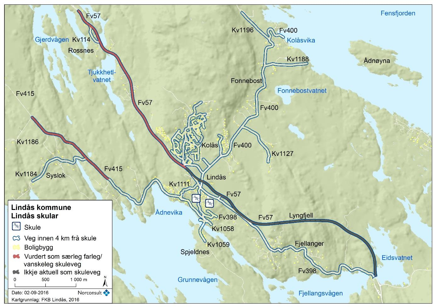 Lindås barneskule og Lindås ungdomsskule Figur 12: Særleg farleg / vanskeleg skulevegar i Lindås skulekrins Fv.