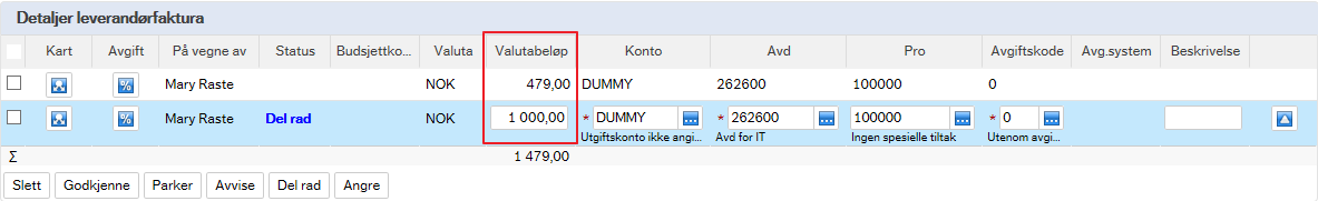 Slette: Huk av til venstre, trykk så slett for å slette merket rad. Godkjenne: For å godkjenne en eller flere spesifikke rader. Avvise: For å avvise en eller flere spesifikke rader.