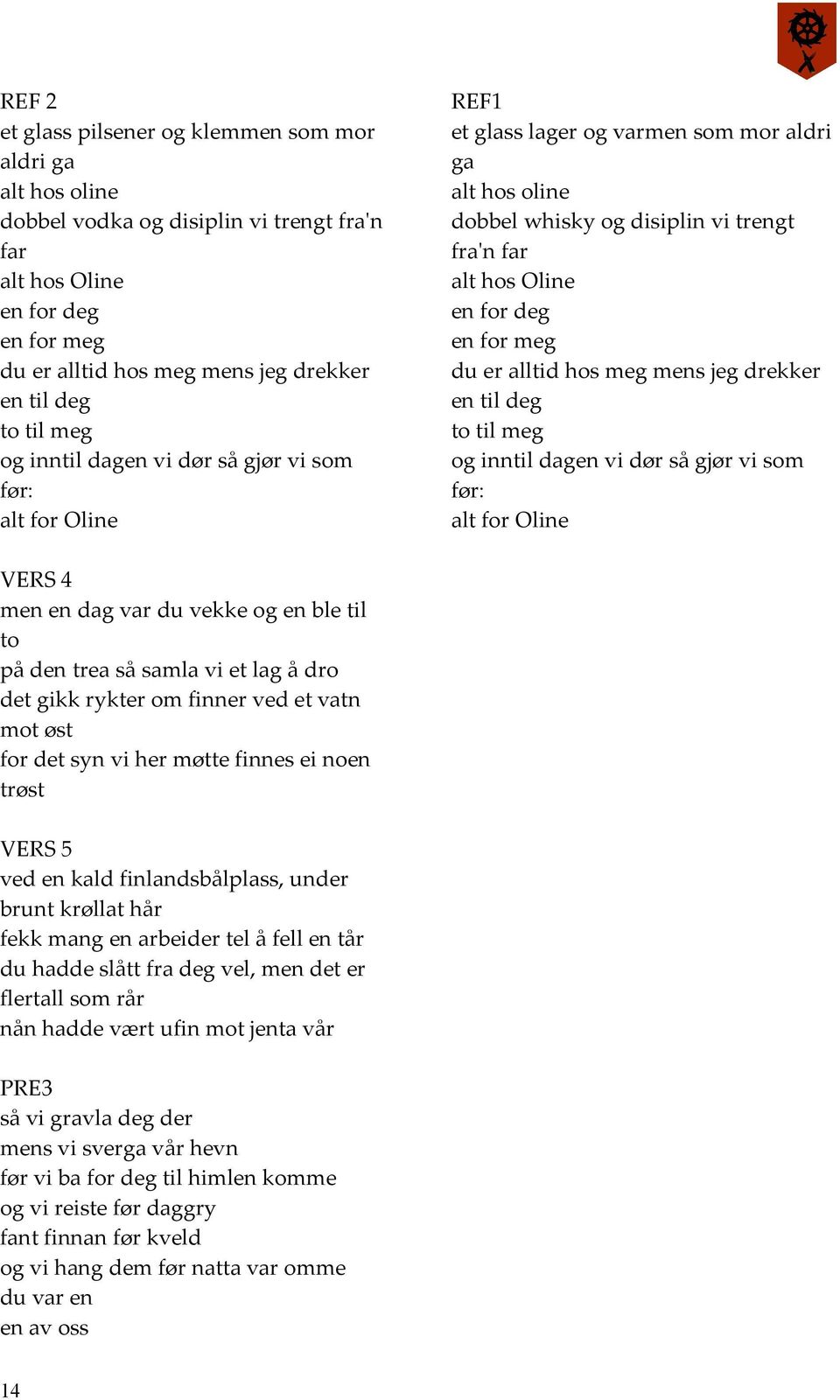 for meg du er alltid hos meg mens jeg drekker en til deg to til meg og inntil dagen vi dør så gjør vi som før: alt for Oline VERS 4 men en dag var du vekke og en ble til to på den trea så samla vi et