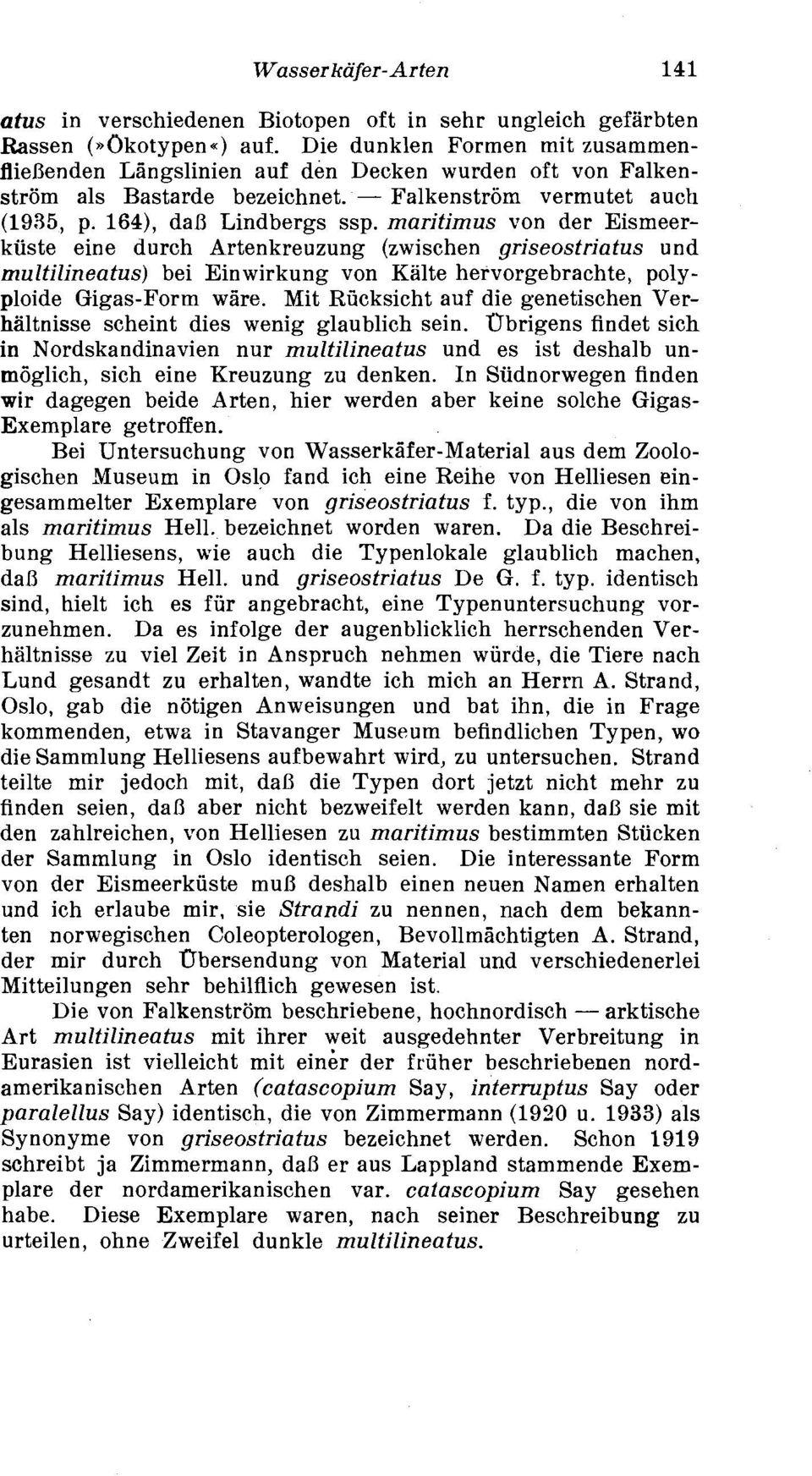 maritimus von der Eismeerkuste eine durch Artenkreuzung (zwischen griseostriatus und multilineatus) bei Einwirkung von Kalte hervorgebrachte, polyploide Gigas-Form wbre.