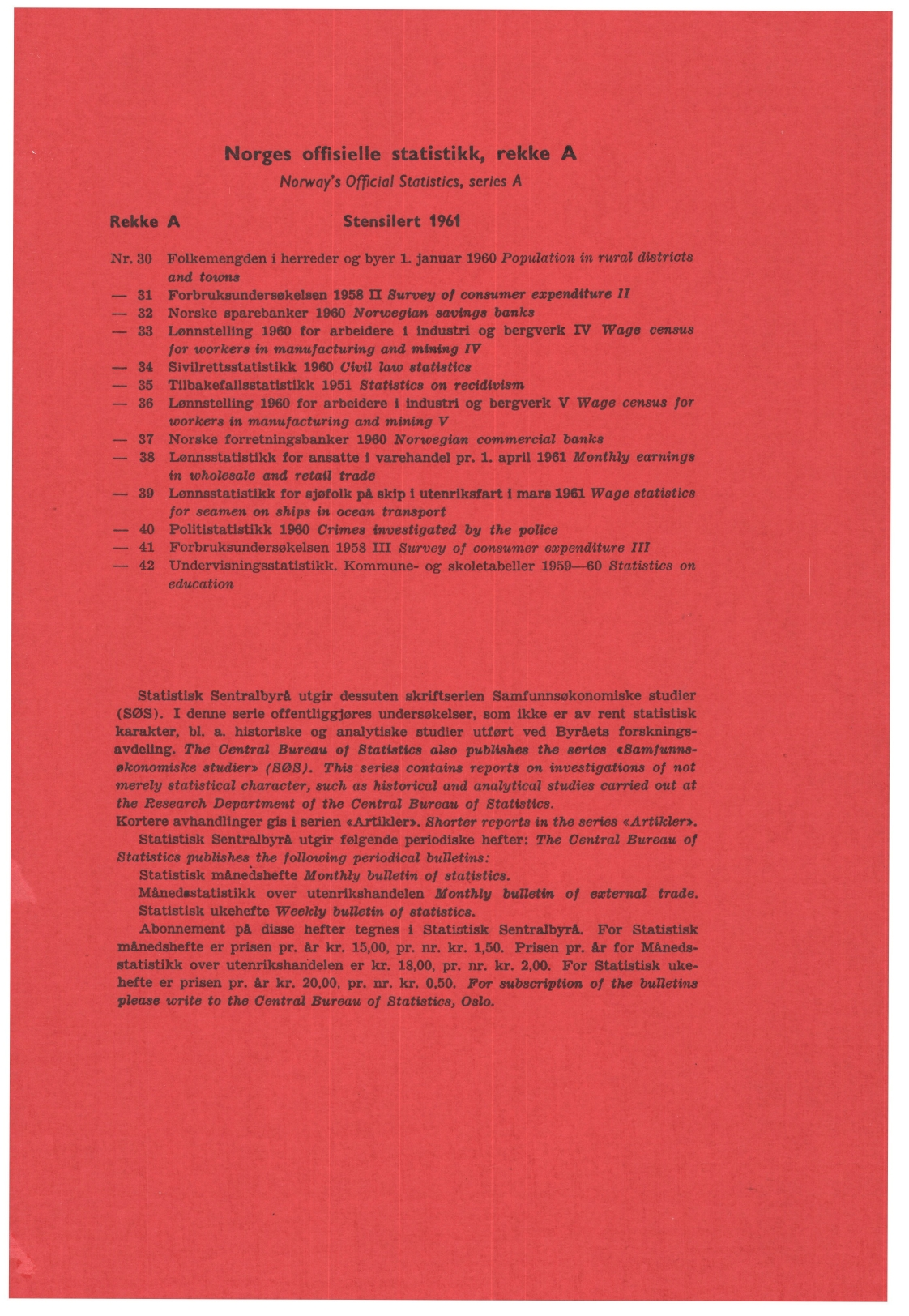 Norges offisielle statistikk, rekke A Norway's Official Statistics, series A Rekke A Stensilert 1961 Nr. 30 Folkemengden i herreder og byer 1.