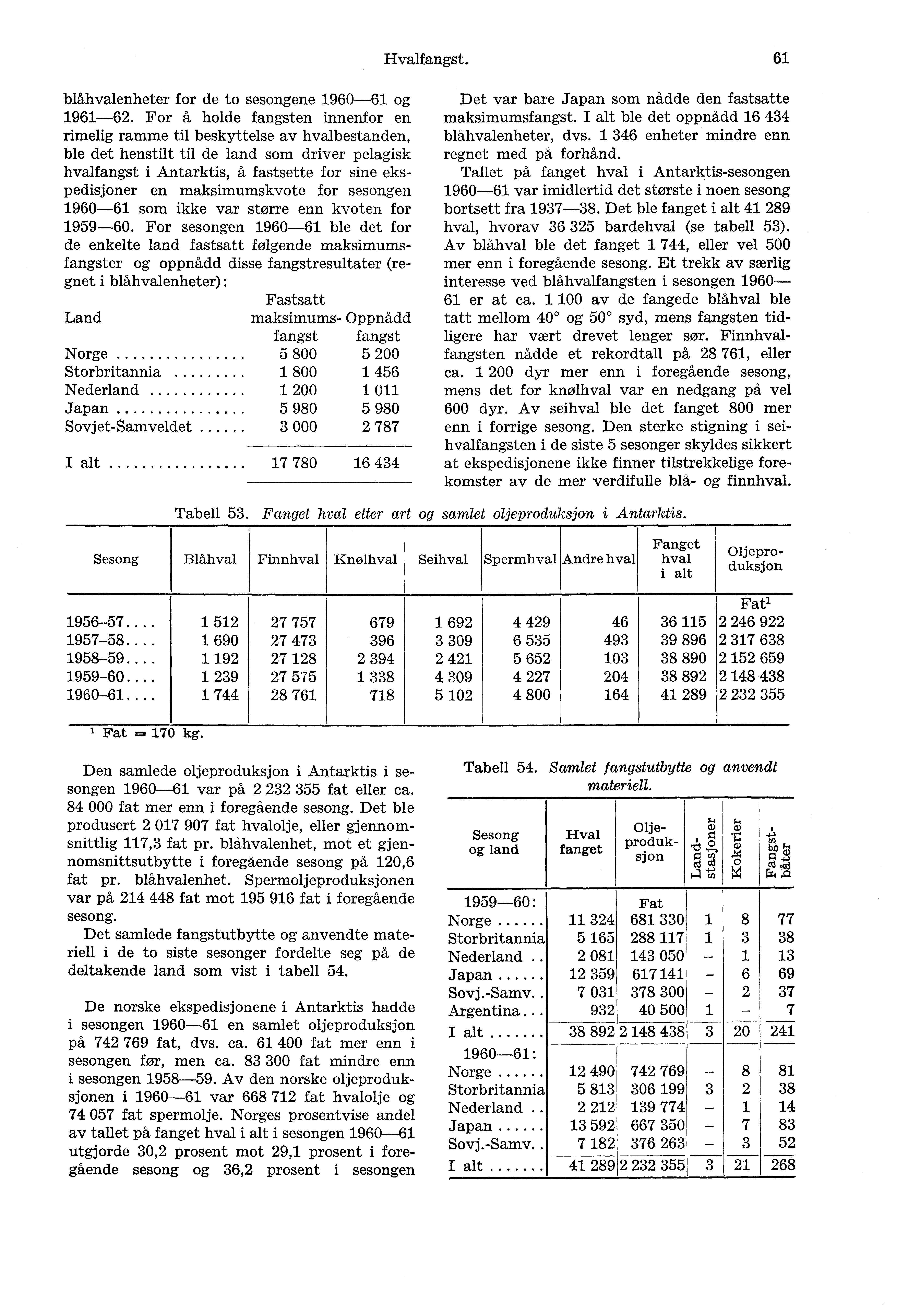 Hvalfangst. 61 blåhvalenheter for de to sesongene 1960-61 og 1961-62.