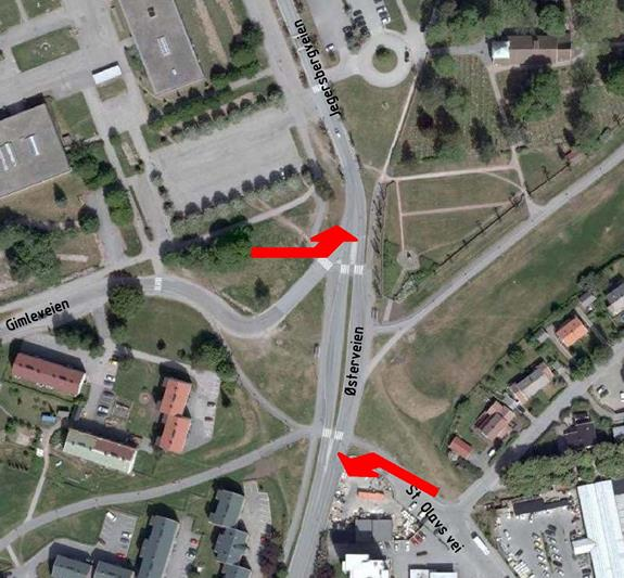2 Østerveien åpnes for gjennomkjøring St.Olavsvei får adkomst fra Østerveien Rundkjøring Som godkjent reg.plan. 3 Østerveien stengt for gjennomkjøring St.