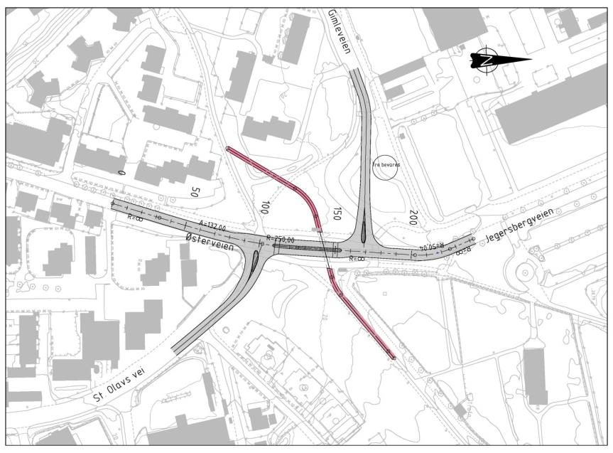 ledes planskilt gjennom krysset, med rundkjøring blir det dermed behov for kulvert både under Østerveien og under Gimleveien.