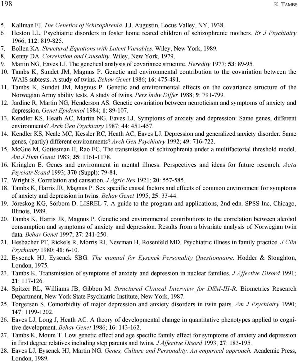 Martin NG, Eaves LJ. The genetical analysis of covariance structure. Heredity 1977; 53: 89-95. 10. Tambs K, Sundet JM, Magnus P.