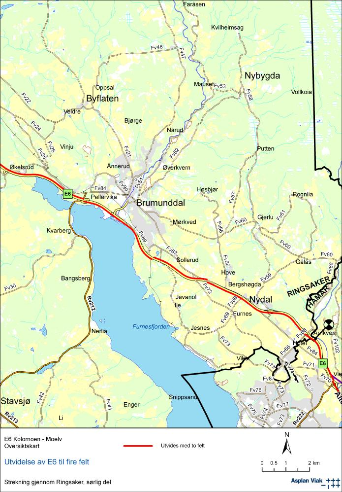 Figur 11: E6 i Ringsaker kommune. Brumunddal Rudshøgda Fra Brumunddal utvides E6 mot vest videre fram til Pellervikakrysset.