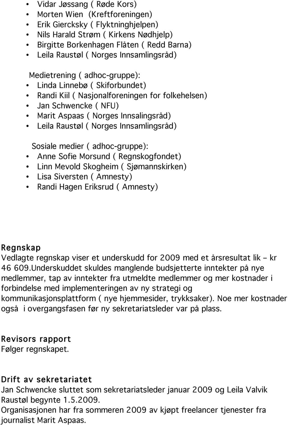 Morsund ( Regnskogfondet) Linn Mevold Skogheim ( Sjømannskirken) Lisa Siversten ( Amnesty) Randi Hagen Eriksrud ( Amnesty) Regnskap Vedlagte regnskap viser et underskudd for 2009 med et årsresultat