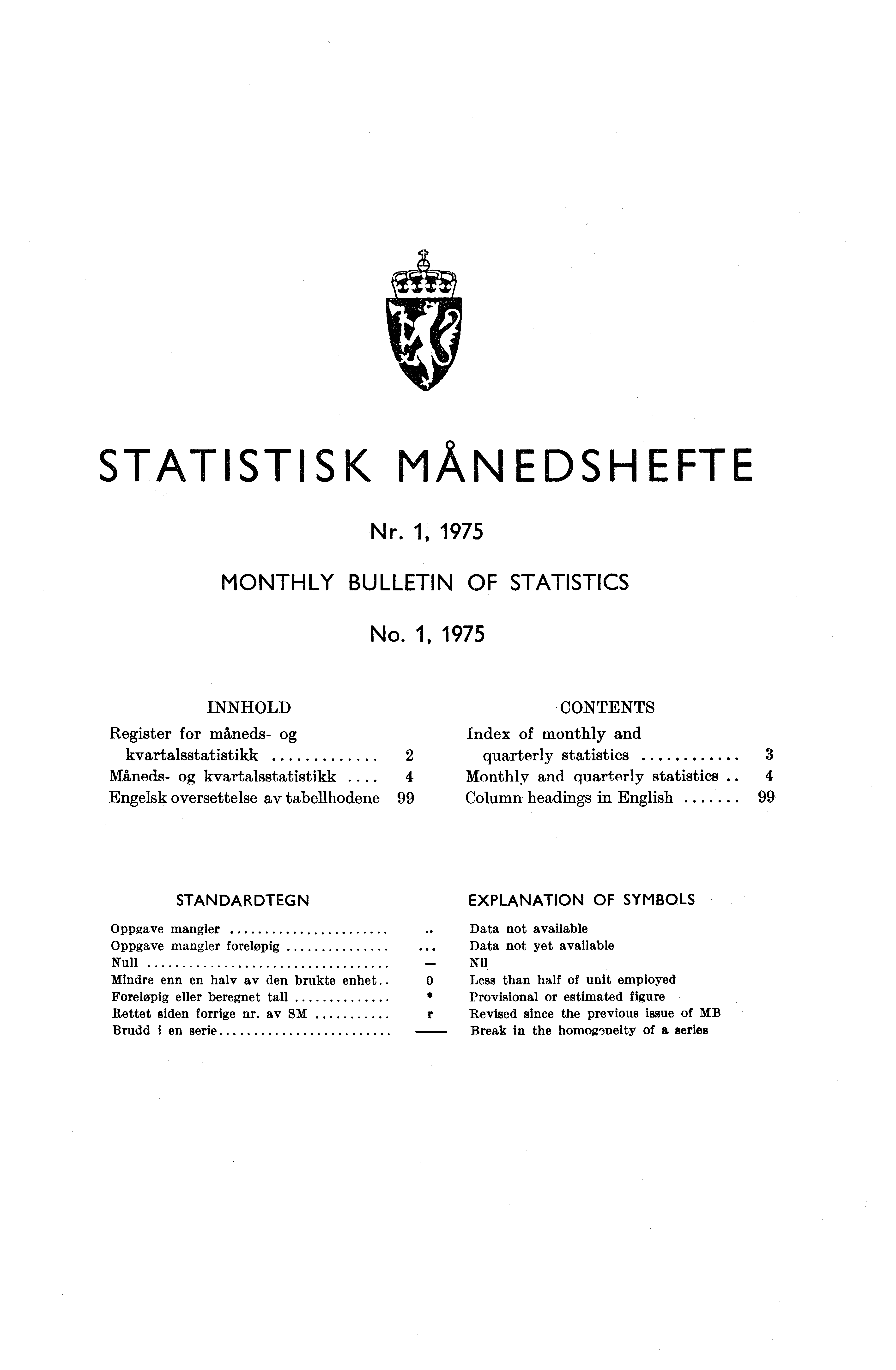 STATISTISK MÅNEDSHEFTE Nr. 1, 1975 MONTHLY BULLETIN OF STATISTICS No. 1, 1975 INNHOLD Register for måneds- kvartalsstatistikk Måneds- kvartalsstatistikk.