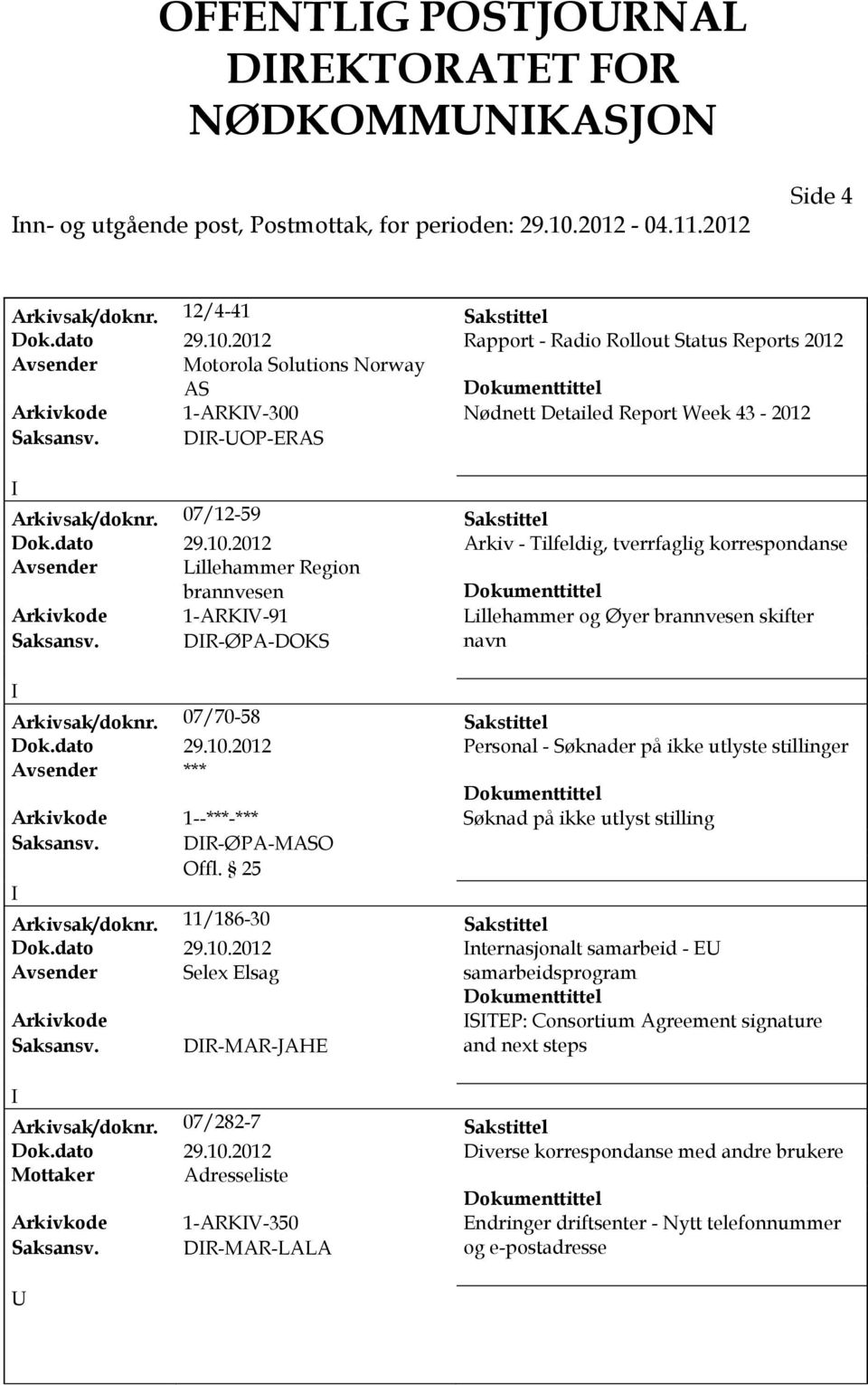 2012 Rapport - Radio Rollout Status Reports 2012 Avsender Motorola Solutions Norway Arkivkode 1-ARKV-300 Nødnett Detailed Report Week 43-2012 Saksansv. DR-OP-ER Arkivsak/doknr.