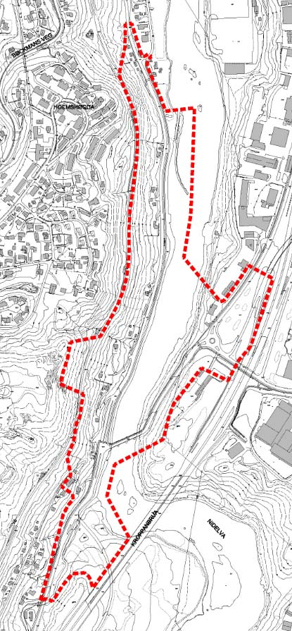 1.3 Planavgrensning Planens begrensning vises i Figur 3. Figur 3: Reguleringsområde Vi har delt planområdet fra KDP i flere deler. Vi regulerer nå Osloveien delstrekning sør med ny bru over Nidelva.