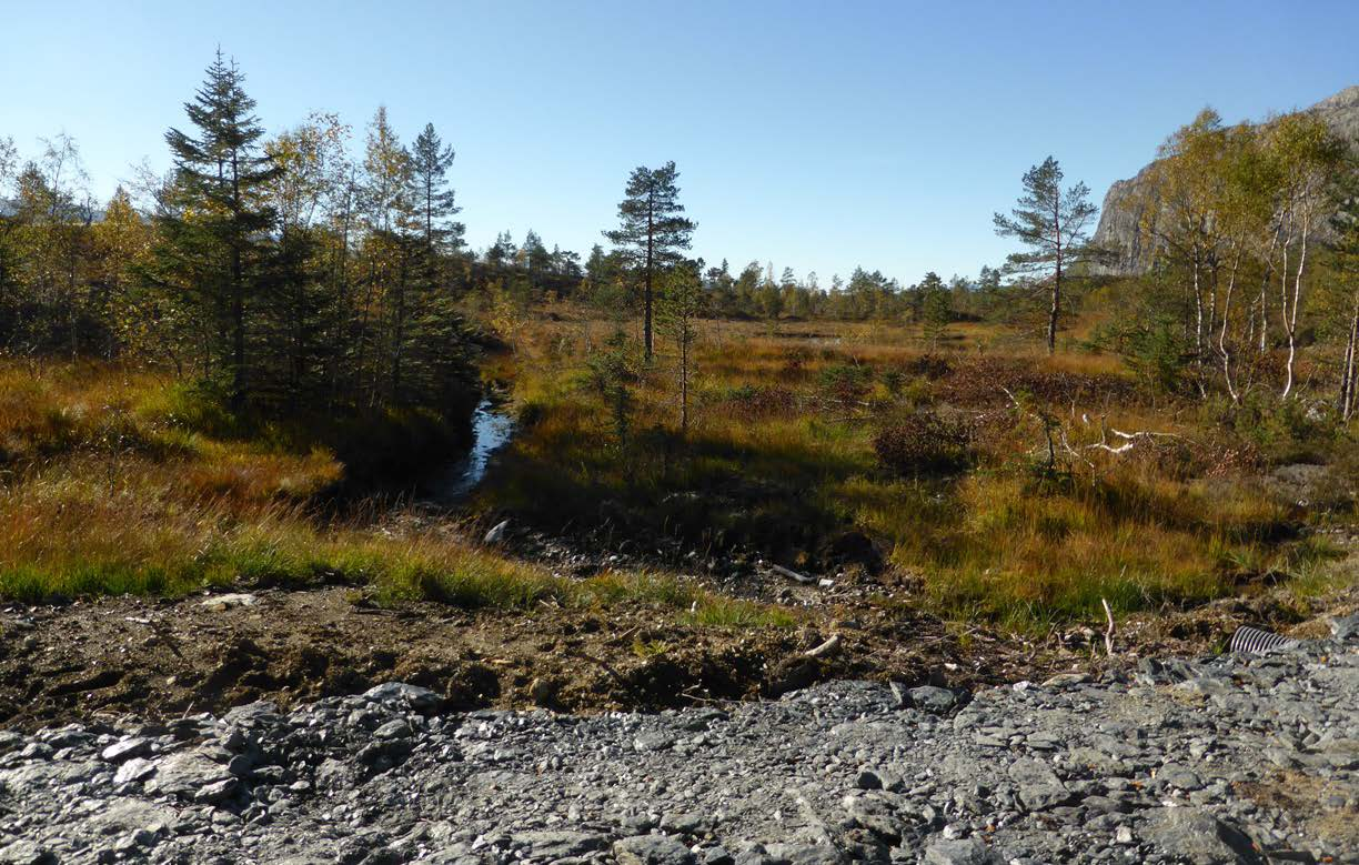 Vedlegg 5: Planendringssøknad Lussand Kraft Side 4 Figur 5-5: Bilete teke mot nordvest der overføringsrøyret vil krysse eksisterande traktorveg like oppstraums Lomtjørni som skissert med raud stipla