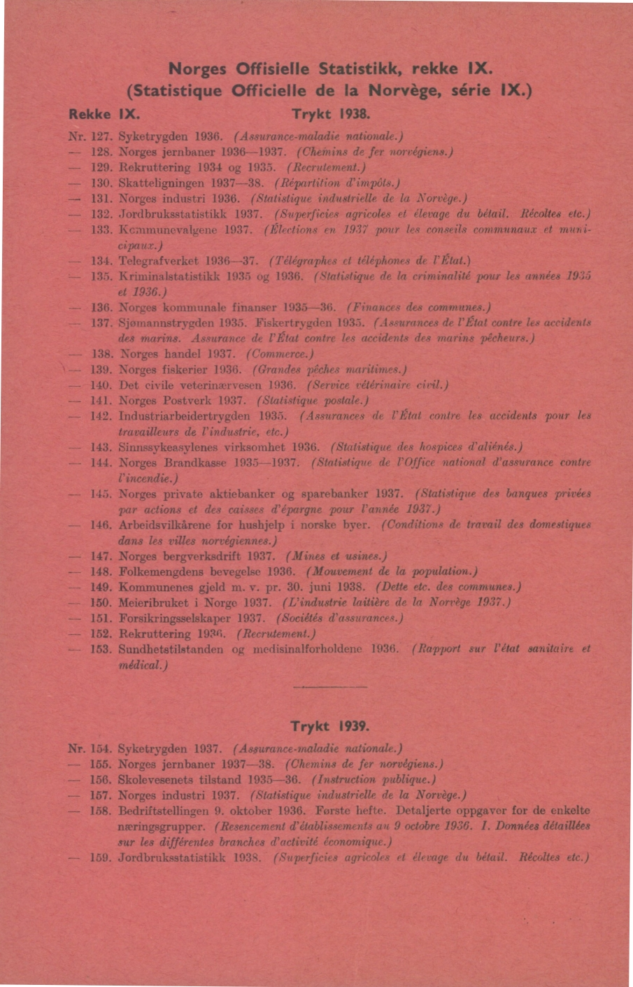 Norges Offisielle Statistikk, rekke IX. (Statistique Officielle de la Norvège, série IX.) Rekke IX. Trykt 1938. Nr. 127. Syketrygden 1936. (Assurance-maladie nationale.) 128.