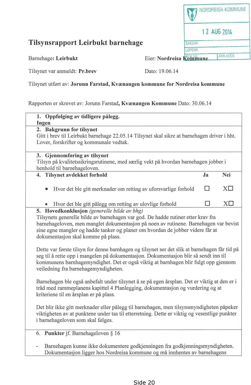 Ingen Bakgrunn for tilsynet Gitt i brev til Leirbukt barnehage 22.05.14 Tilsynet skal sikre at barnehagen driver i hht. Lover, forskrifter og kommunale vedtak.