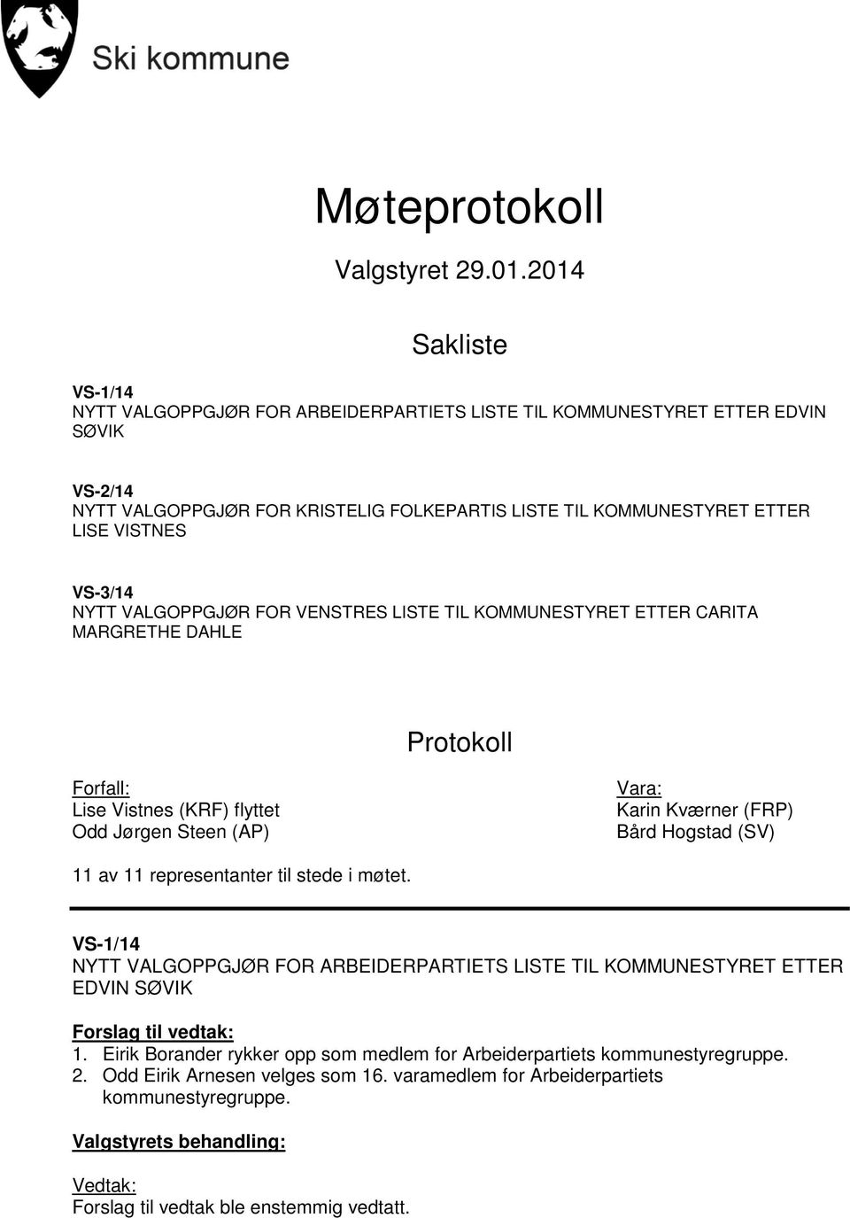 VS-3/14 NYTT VALGOPPGJØR FOR VENSTRES LISTE TIL KOMMUNESTYRET ETTER CARITA MARGRETHE DAHLE Protokoll Forfall: Lise Vistnes (KRF) flyttet Odd Jørgen Steen (AP) Vara: Karin Kværner (FRP) Bård Hogstad