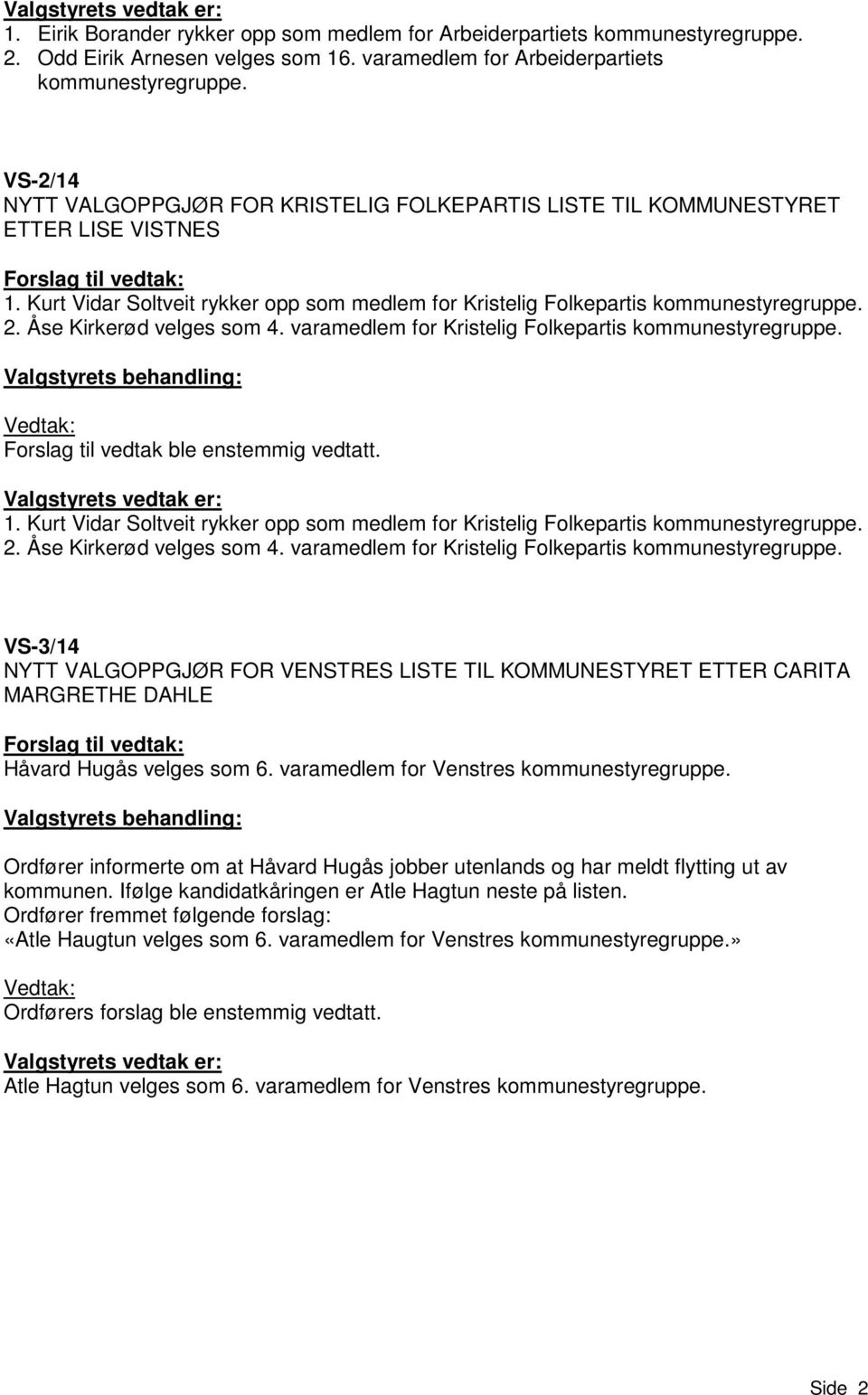 Kurt Vidar Soltveit rykker opp som medlem for Kristelig Folkepartis kommunestyregruppe. 2. Åse Kirkerød velges som 4. varamedlem for Kristelig Folkepartis kommunestyregruppe.