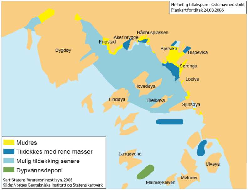 Figur 4-2. Tiltaksplan Oslo indre havn distrikt, (Oslo kommune, 2005). 4.2 Vannprøver I henhold til utslippstillatelse har Ekeberg Oljelager tillatelse til å slippe ut 1000 kg/år med olje (THC), (konsentrasjonsgrense 1,5 mg/l).