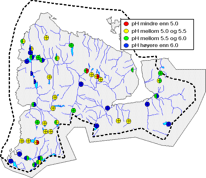 2. Surhetstilstand i Ølen kommune I størstedelen av Ølen kommune var vassdragene moderat sure ved prøvetakingene høsten 1994 og våren 1995 (figur 2.1).