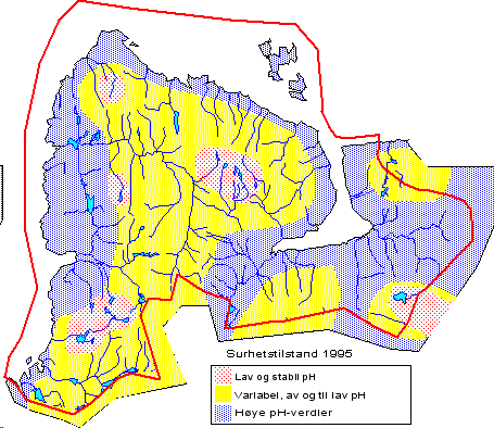 FIGUR 2.4: Oversikt over surhetstilstanden i Ølen kommune i 1994-1995. De blå områdene har stabilt høye ph-verdier over 6.