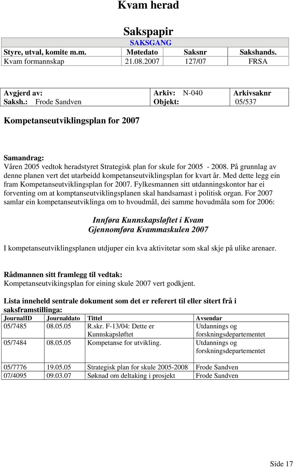 På grunnlag av denne planen vert det utarbeidd kompetanseutviklingsplan for kvart år. Med dette legg ein fram Kompetanseutviklingsplan for 2007.