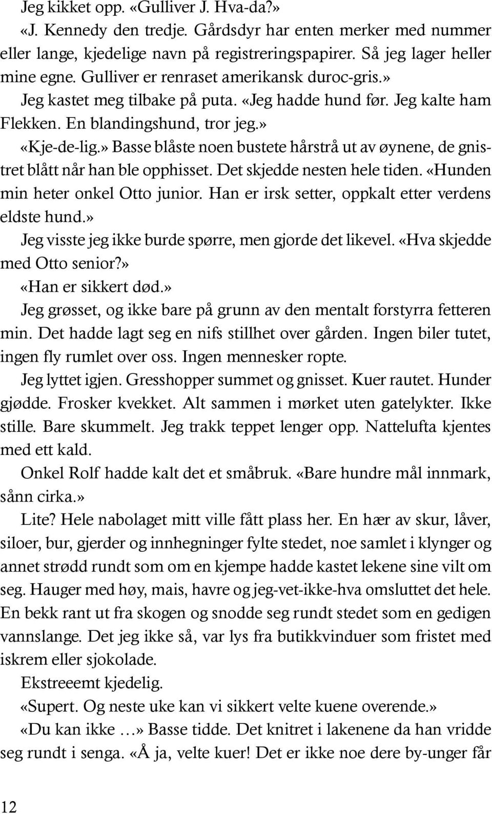 » Basse blåste noen bustete hårstrå ut av øynene, de gnistret blått når han ble opphisset. Det skjedde nesten hele tiden. «Hunden min heter onkel Otto junior.