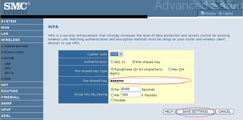 Vel í Allowed Client Type: WPA Only og Klikk á Save Settings Klikk á WPA Skriva í Pre-shared Key eina kotu sum í minsta lagi skal vera 8 stavir og í