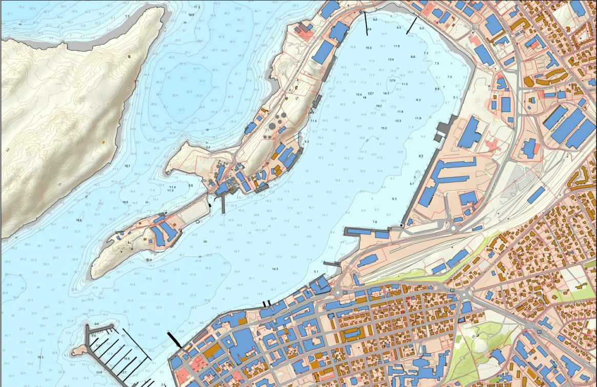 Dypet i Bodø havn er generelt mindre en 20 m og ligger stort sett mellom 19 og 7 meter (Figur 2). Vestsiden av havna er noe dypere enn den østlige siden av havnebassenget.