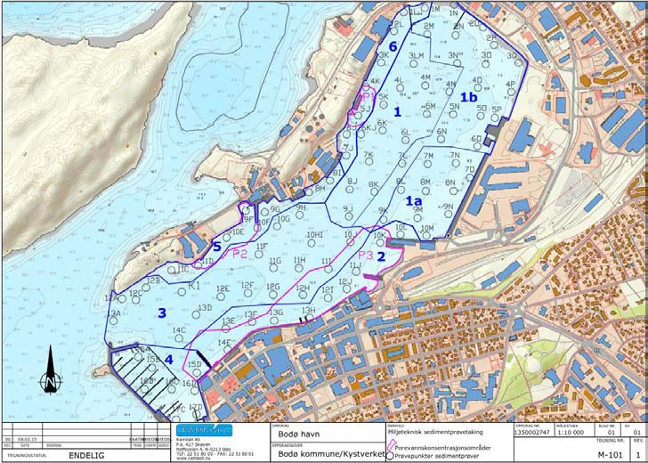 Figur 20: Inndeling av delområder med anmerket område for uttak av porevannskonsentrasjonsprøver. Tabell 6: Delområder i Bodø havn med tilhørende areal og antall prøver innhentet.