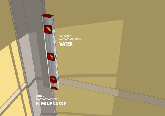 Kontroller at veggen er plan og ikke svinger ut/inn mer enn noen millimeter. Bruk et langt rettholt og legg det i flere retninger. Spikerslag som står for langt inn, justeres med strimler av papp e.l. som festes med pappstift.