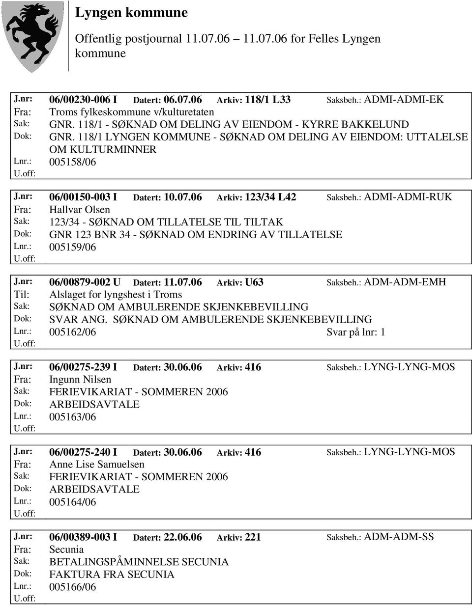 : ADMI-ADMI-RUK Fra: Hallvar Olsen Sak: 123/34 - SØKNAD OM TILLATELSE TIL TILTAK Dok: GNR 123 BNR 34 - SØKNAD OM ENDRING AV TILLATELSE Lnr.: 005159/06 J.nr: 06/00879-002 U Datert: 11.07.