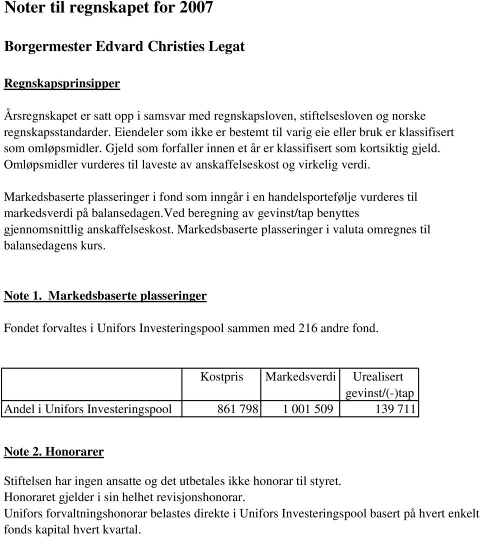 Omløpsmidler vurderes til laveste av anskaffelseskost og virkelig verdi. Markedsbaserte plasseringer i fond som inngår i en handelsportefølje vurderes til markedsverdi på balansedagen.