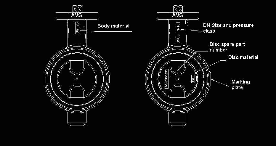 3. VENTILMERKING Husmateriale, DN og trykk-klasse er støpt inn i ventilhuset. Spjeldet er merket med matrialet og reservdelsnummer.(obs. Annet er trykket på typeskilt iht. sid.2) Ventilmerkning 4.