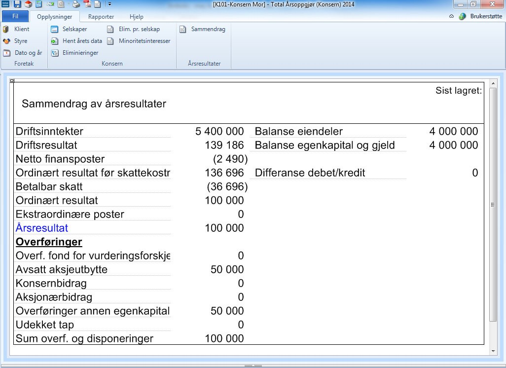 10 Total Konsern 2014 9 Skjermbilde: Sammendrag av årsresultater 9.1 Sammendrag av årsresultater I dette skjermbildet vil du samtidig kunne se ca. 15 resultater fra det konsoliderte årsoppgjøret.