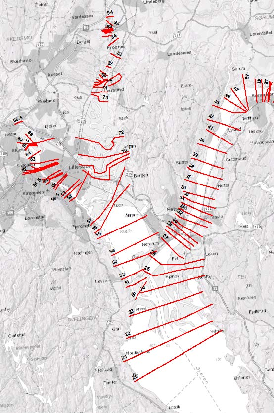 Figur 3-2 Plassering av nummererte tverrprofiler i Glomma, Svelle, Leira