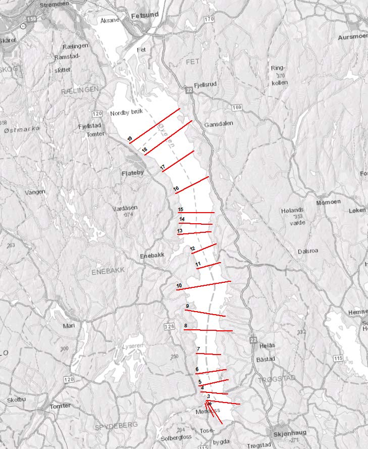 Figur 3-3 Plassering av nummererte tverrprofiler i Øyeren på strekningen fra Mørkfoss opp til deltaområdet i Øyeren. Beregnet vannstander for disse profilene finnes i Tabell 3-4.