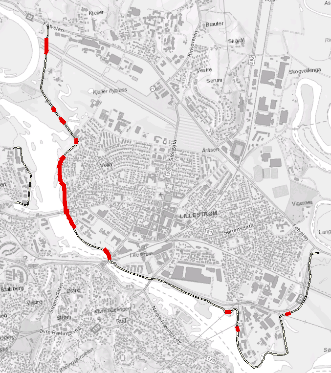 Figur 4-3 Ved Lillestrøm er det forutsatt at det etableres midlertidige sikringer ved en flomhendelse.