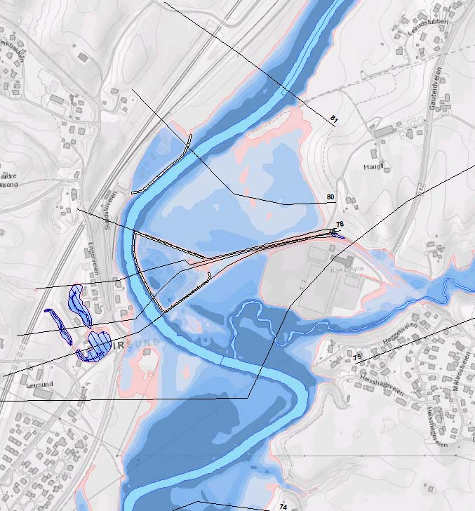 Figur 4-4 Utsnitt av flomsonekartet ved Leirsund som viser en 200-årsflom ved dagens klima (blå farger) og i et endret klima i år 2100 (rosa farge). 4.5 Flomsoner i Fet kommune Flomsonekart for 20-, 200- og 1000-årsflom i Fet kommune er vist i vedlegg B, og omfatter Glomma, deltaområdet i Øyeren, Svelle og Leira.