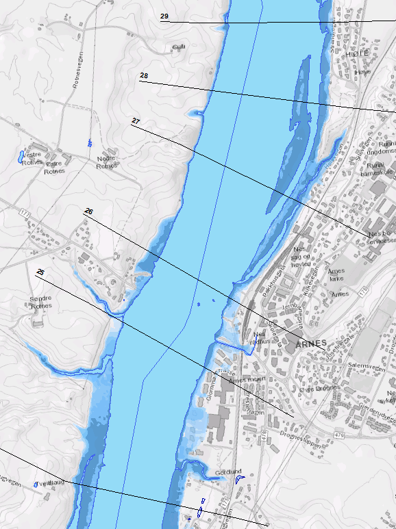 Ved en 200-årsflom vil det hovedsakelig være bebyggelse ved Årnes som er flomutsatt, men også noe spredt bebyggelse langs Glomma er utsatt for flom.