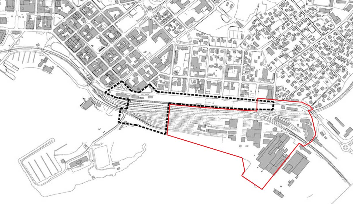 Side 5 av 16 Planområdet vist med stiplet linje. Tilgrensende planområde vist med tett (rød) linje Dagens stasjons- og restaurantbygning tilknyttet Hamar stasjon skal bevares.