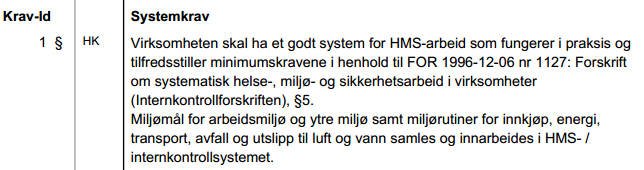 Bransjekravets oppbygging Hvert enkelt krav har sitt eget id - nummer Paragrafen angir at det er et myndighetskrav (lov og forskrift) Krav merket med HK kan oppfylles av hovedkontoret under